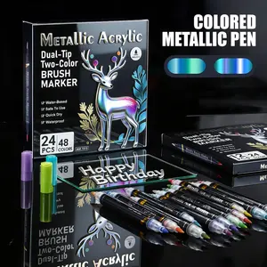 12/24/48 Color Dual Tip Design Acrylic Markers, Metal Color Series, Glitter Metallic Marker, Premium Acrylic Paint Pens, Waterproof Brush Marker, Art Markers, Ideal for Wood Canvas Stone Glass Ceramic DIY Crafts