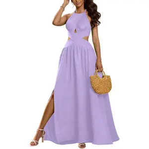 Women's Sexy Sleeveless Halter Neck Dress Criss Cross Tie Back Split Maxi Dresses Summer Beach Vacation Dress