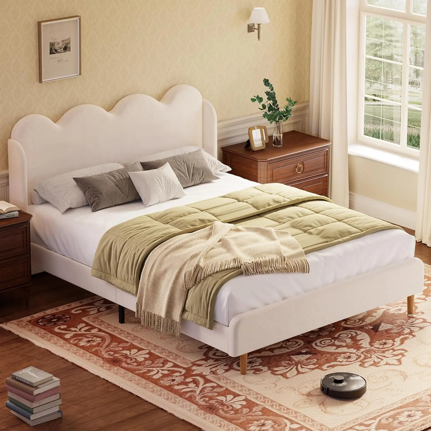 Single bed with platform and velvet headboard, upholstered in velvet, with scalloped edges and button tufting, easy to assemble, modern style, beige color.