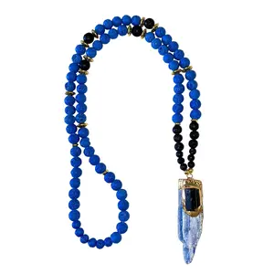 Natural Blue Kyanite Crystal Pendant with Tourmaline Rock & Deep Blue Lava Rocks in Gold Finish [Spiritual growth, Protection, Communication, Balance, Meditation, High Vibration, Good Luck, Handmade]