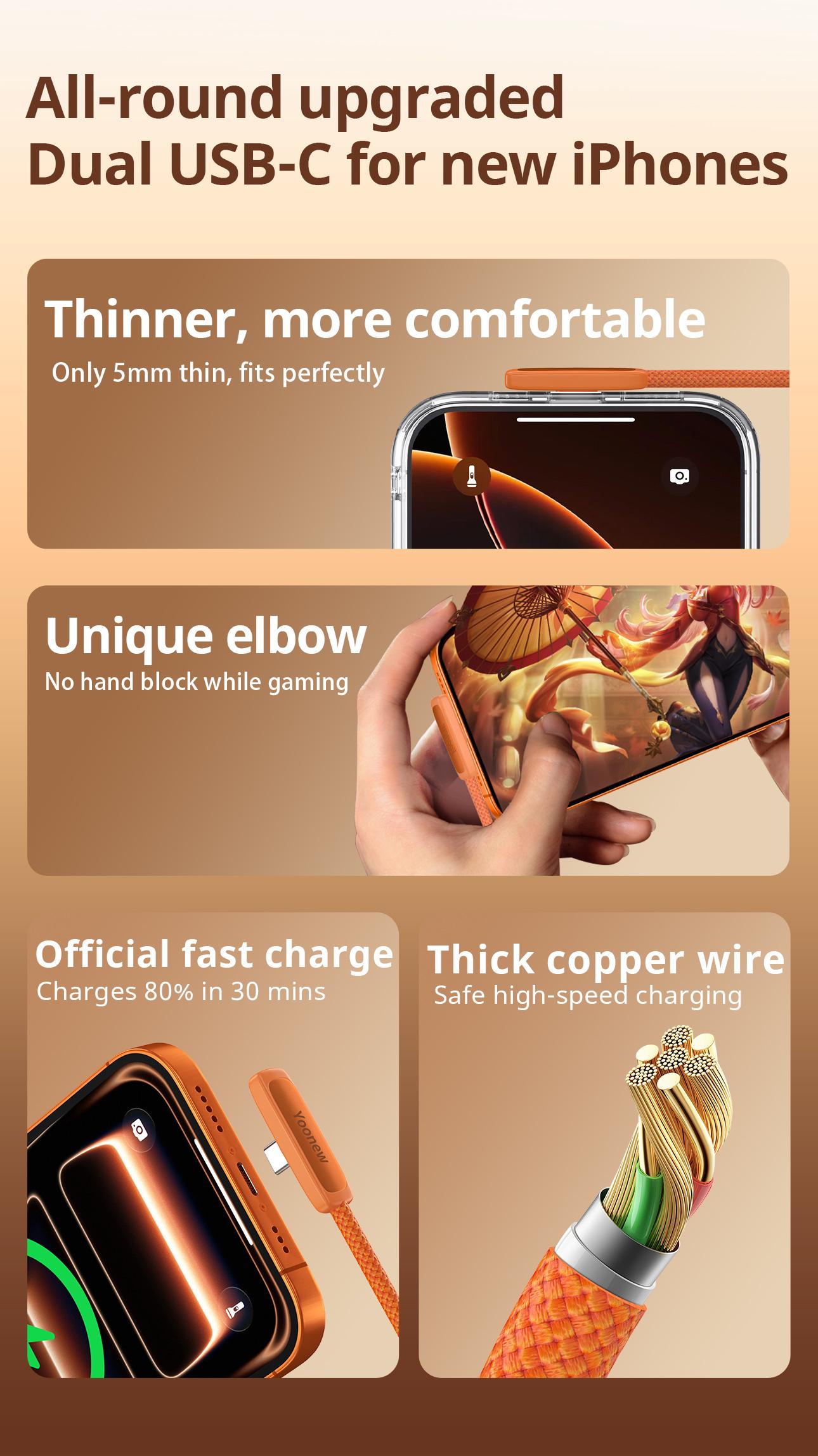 45W ultra-fast charging gaming cable—doesn’t obstruct hands while gaming; compatible with Apple 15/16/17 data cables; suitable for convenient office chargers and convenient iPhone tablets chargers; compatible with Samsung; available in packs of 1, 2, or 3