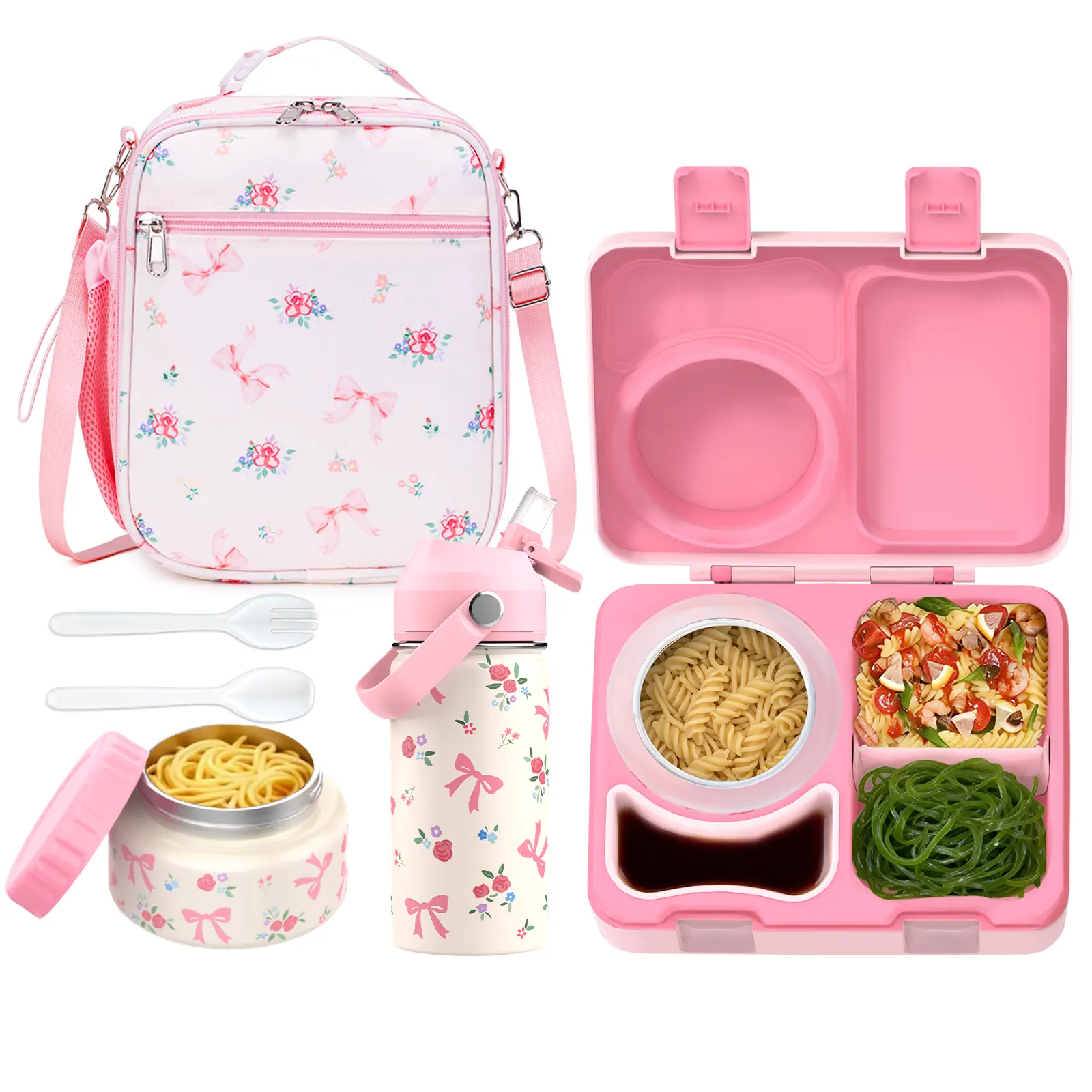 SIMILOVE BPA-Free 304 Stainless Steel Rectangular Kids Lunch Box Set - 8oz Thermo-Insulated Food Jar, Leakproof Bento Tray, Dividers, Ice Pack, Sauce Cup, Utensils, Lunch Bag, Adjustable School Backpack (Party Gift)