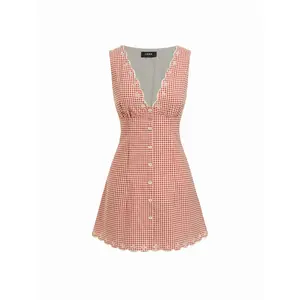 Cider Cotton-blend Gingham V-neck Scallop Hem A-line Mini Dress