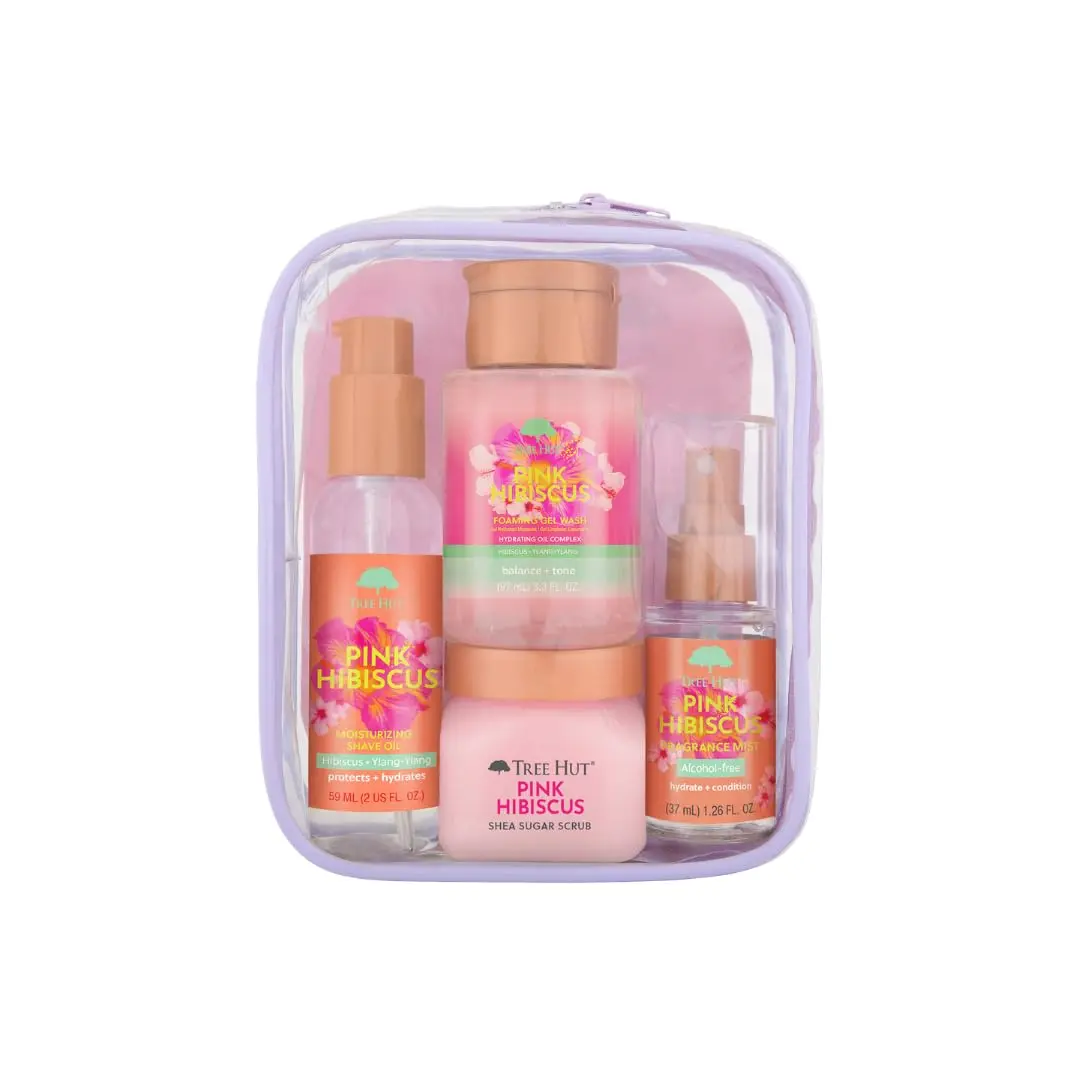 Tree Hut Pink Hibiscus Everything Shower Gift Set, 4 Piece Kit, Travel Size | Exfoliating Body Scrub, Body Wash, Shave Oil & Body Spray, Self Care Gift Set, Nourishing & Moisturizing with Shea Butter