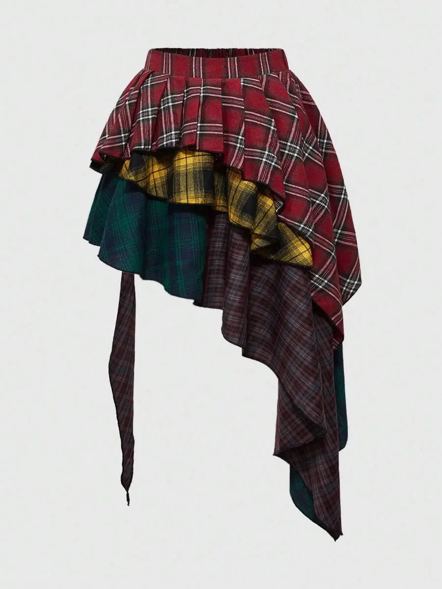 American Plaid Patchwork Asymmetric Hem Layered Women Skirt,  Vintage Baddie Distressed