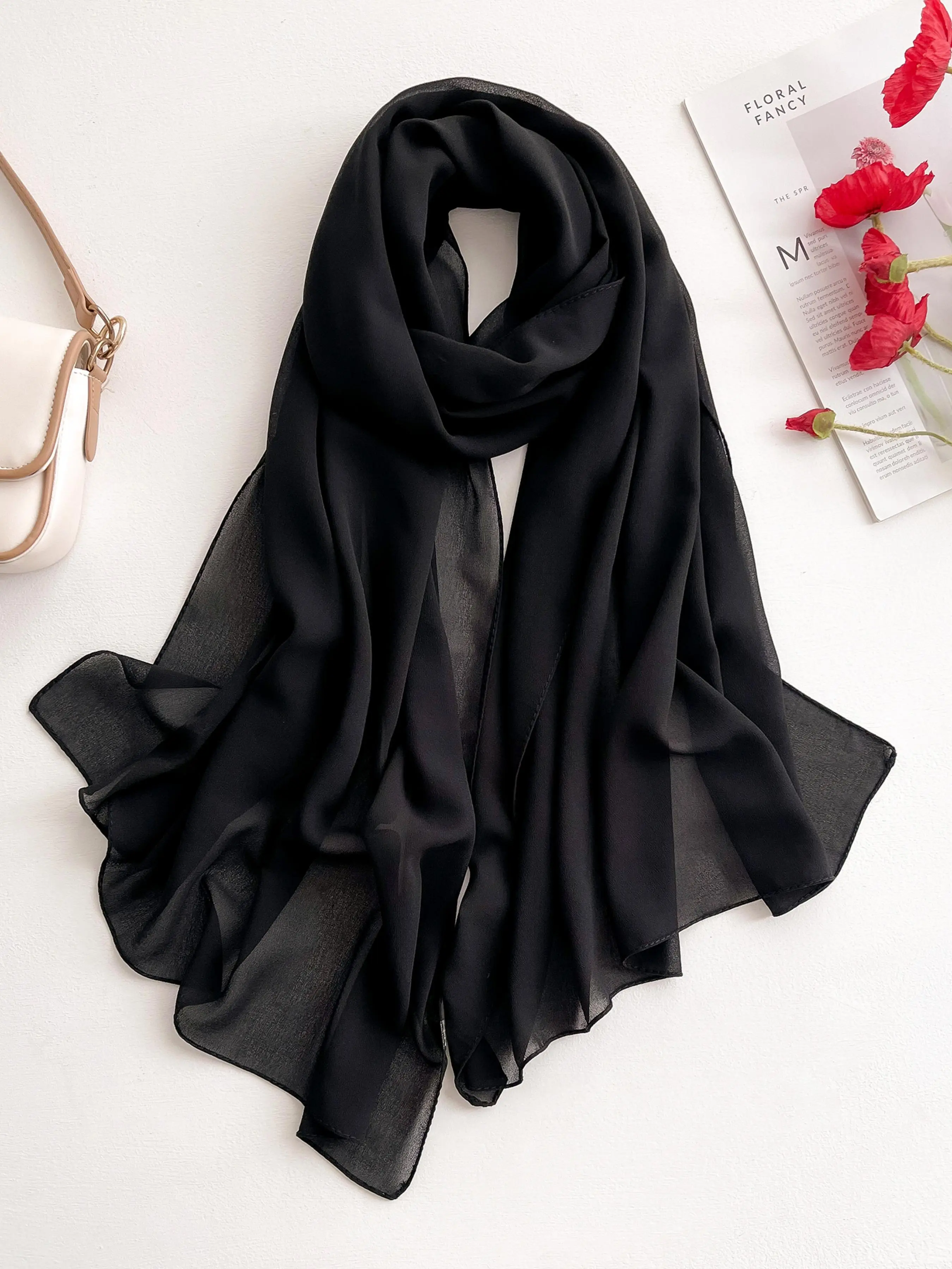 Women's Solid Color Chiffon Polyester Scarf, Fashionable Breathable Lightweight Shawl for All Seasons, Casual Chic Versatile Wrap Scarf for Women & Girls