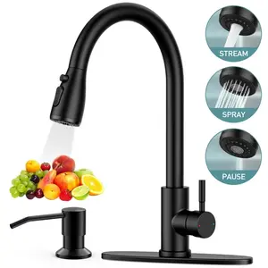 GPED Kitchen Faucet with Soap Dispenser, Kitchen Sink Faucet with Pull Down Sprayer & Deck Plate, 3 Modes & SUS304 Stainless Steel,High Arc Single Handle Kitchen Faucet w Water Lines,Brushed Nickel
