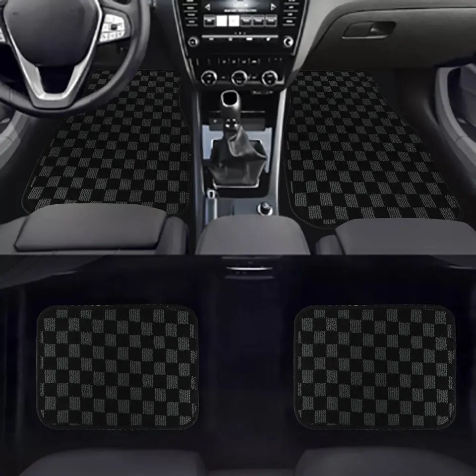 Brand New 4PCS UNIVERSAL CHECKERED BLACK Racing Fabric Car Floor Mats Interior Carpets