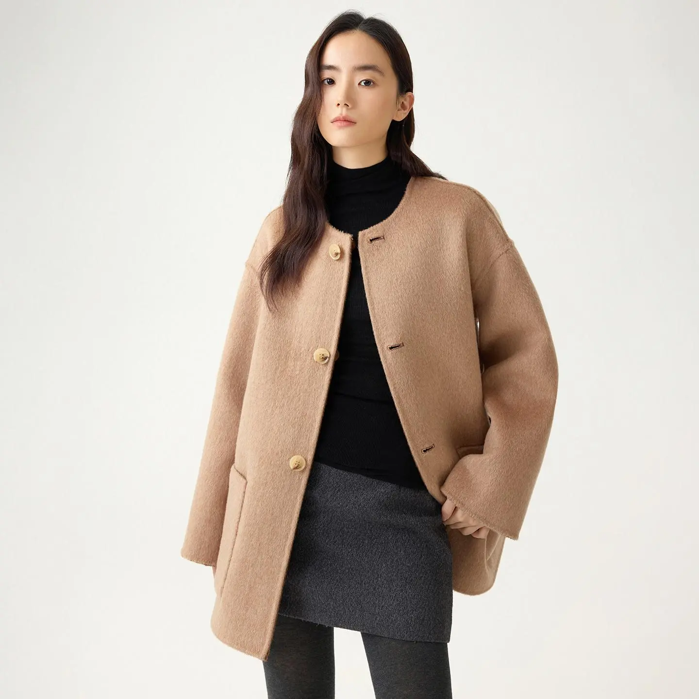 Women's 2-Sided Color Block Merino Wool Jacket - Long Sleeve, Crew Neck, Removable Scarf, Relaxed Fit, Frog Button Closure, Asian Minimalist Charcoal Top