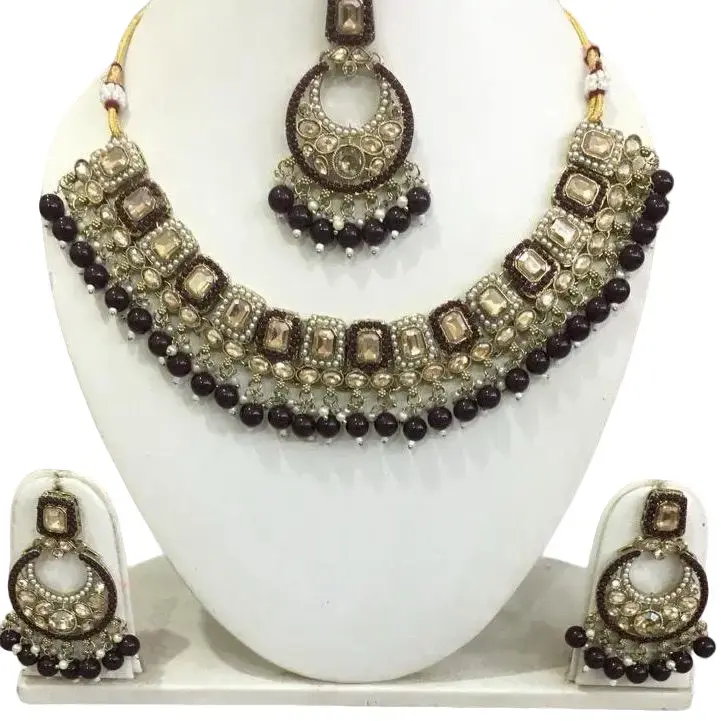 Indian Wedding Jewelry Set - Kundan Necklace Earrings & Tikka Handcrafted by Skilled Artisans in India Elegant Adults' Jewelry with Intricate Designs and Meticulous Attention to Detail
