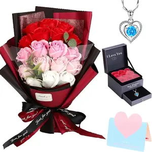 Roses Bouquet Artificial Flower - Preserved Red Rose  with Love Necklace for Her   for Birthday, Valentine's Day, Mother's Day, Thanksgiving, Christmas, Anniversary (Pink and Red)