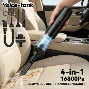 [Voice-tank] 4-in-1 16800pa Car Vacuum Portable Cordless Handheld Vacuum Cleaner, Mini Cordless Vacuum with 2 Suction Modes and 16800pa Suction Power Blowing & Inflating 2 Modes Handheld Vacuum for Car, Desk, Keyboards