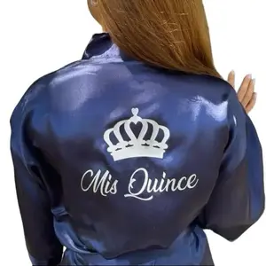 Mis Quince Años Satin Robes Personalized Robes Quinceañera Gift Birthday Gift Custom Name Long Sleeve Summer Fabric Elegant Gowns Loungewear Matching Mum Print Silky