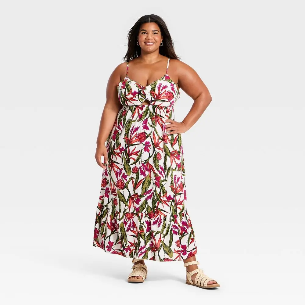 A New Day Women's Beaded Strap Bustier Keyhole Cutout Printed Maxi Dress - Pink
