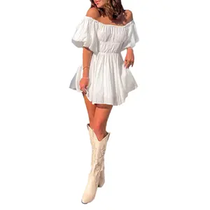 Women Summer Casual Mini Dress Ladies Female Solid Color Elegant Short Puff Sleeve Off-shoulder Tunic Dress for Party Streetwear White