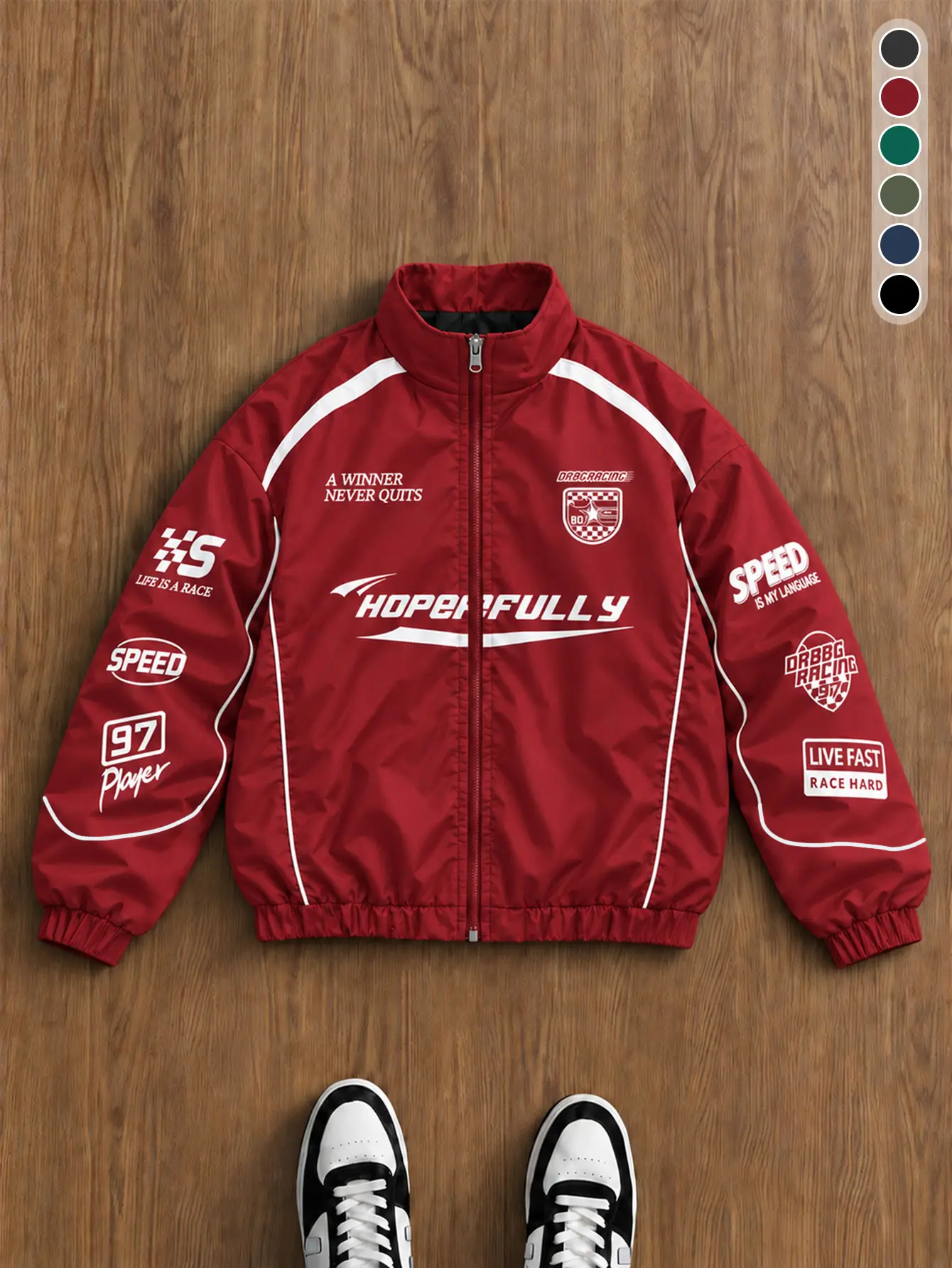 Men Racing Style Multi Letter Graphic Stand Collar Jacket White Line Decor Full Zip Elastic Hem Lightweight Streetwear Coat