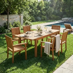 7 Pieces Acacia Wood Outdoor Dining Set S, Modern 6 Chairs  1 Large Table, Dining Furniture Set for Lawn, Backyard, Garden Deck, Poolside, Teak