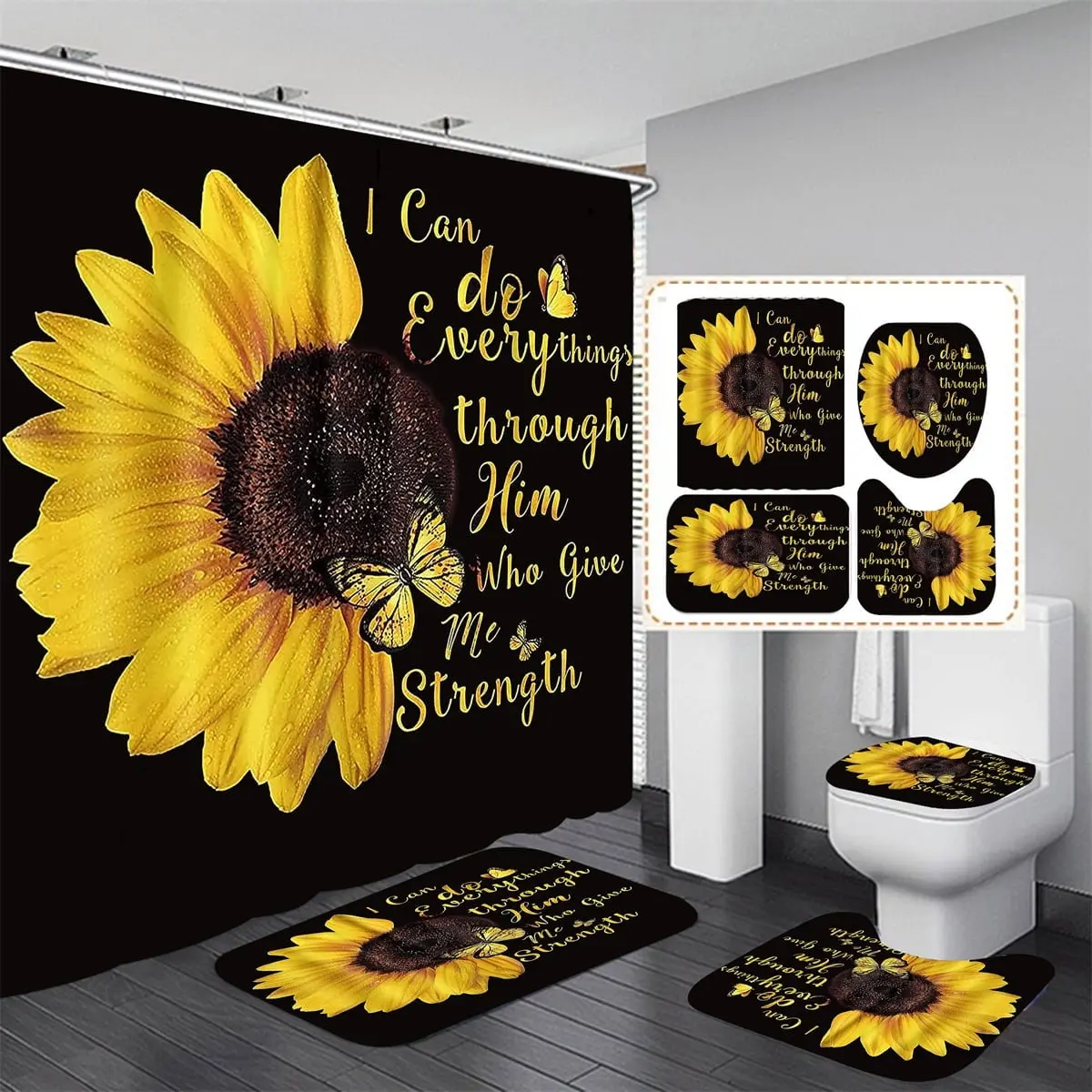 4 Pcs Bathroom Shower Curtain Set Sunflower Shower Curtain Bathroom Sets Valentine's Day Shower Curtain Sets with Rugs(Bath Mat,U Shape and Toilet Lid Cover Mat) and 12 Hooks,family