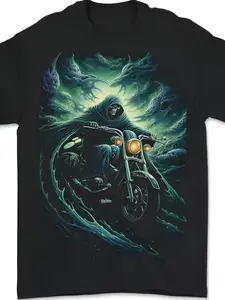 17 Skull Biker Motorcycle Motorbike Grim Reaper T-Shirt| Lightweight Breathable, Crew Neck, Suitable for Outings, Casual Wear, Everyday Style, Outdoor Activity, Machine Washable, Vintage Style, Regular Fit