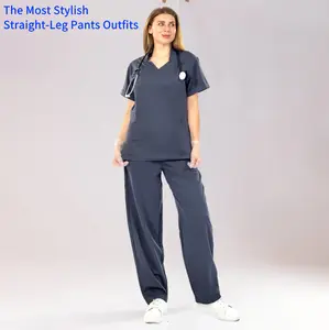 EADFLIE Scrubs for Women Set | V-Neck Contoured Waist Top & Straight Leg Pants | 8-Pocket Stretch Nurse Uniform
