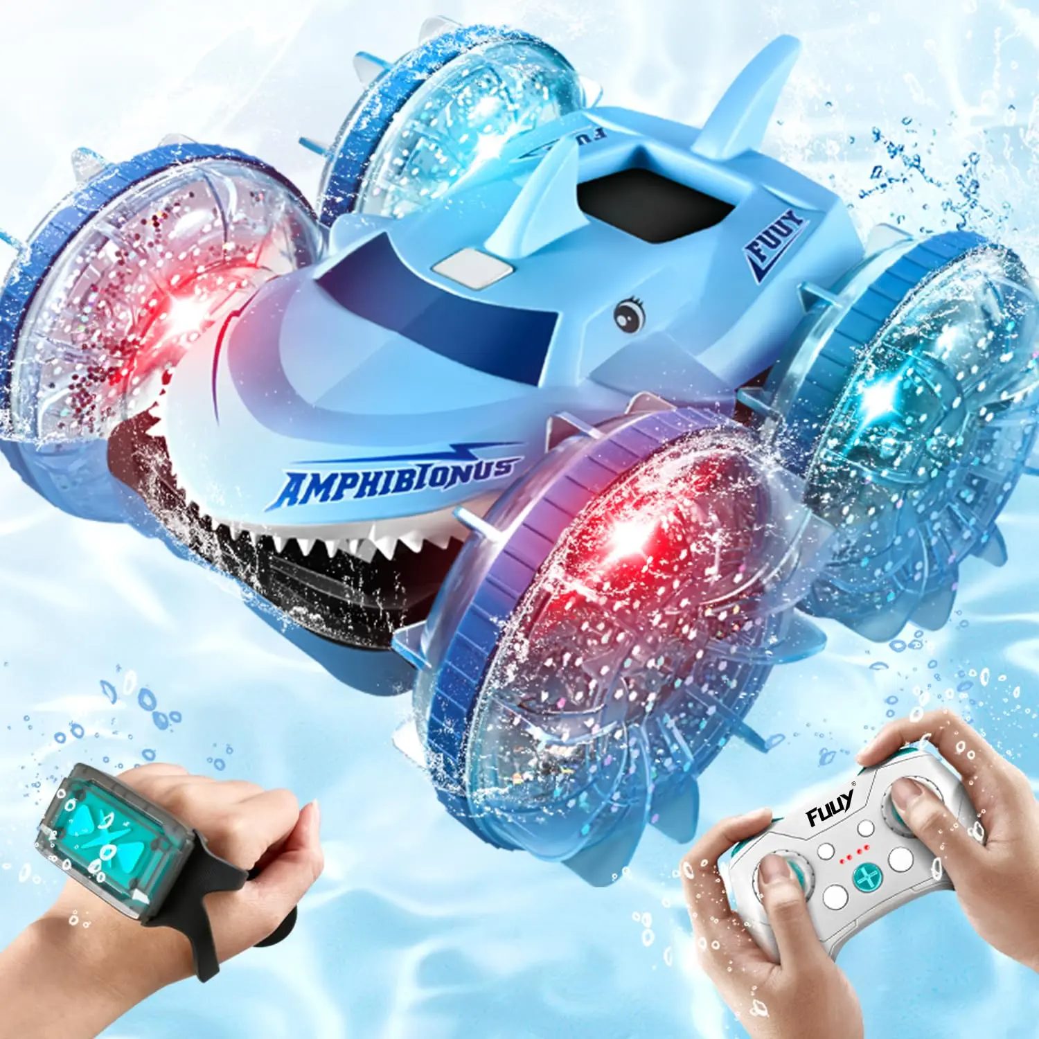FUUY 4WD Fast RC Stunt Car RC Submarine Amphibious Monster Jam Trucks Double-Sided Racing 360°Rotate Waterproof Remote Control Boat for Kids Pool Beach Toys
