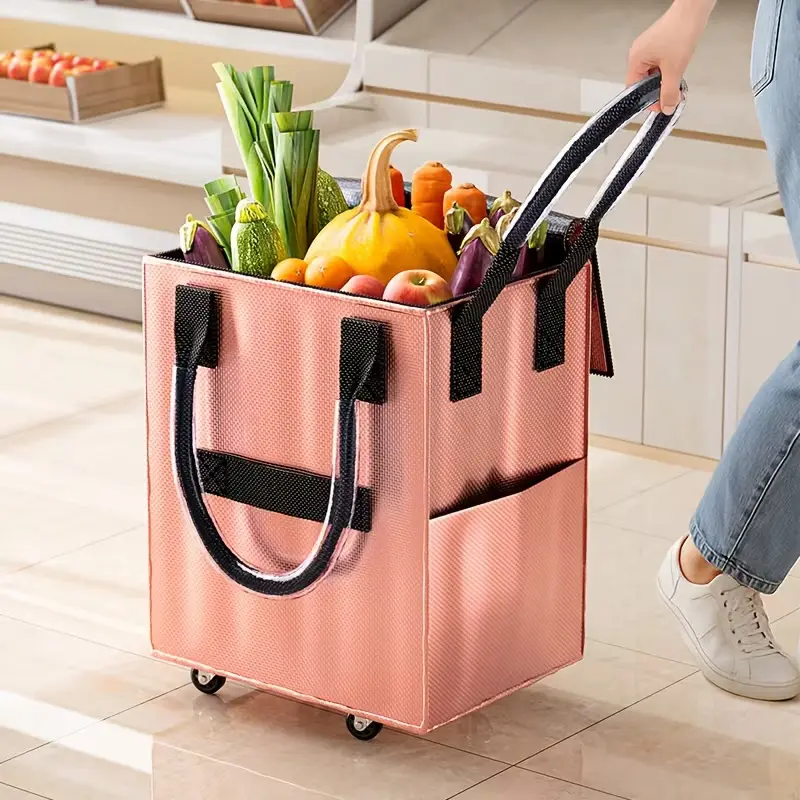 High-Capacity 60L Rolling Grocery Shopping Bag with Wheels - Thickened Waterproof Heavy-Duty Collapsible Portable Utility Cart, Metallic Rose Gold Stylish Multi-Functional Home Organizer Tote, Extra Large
