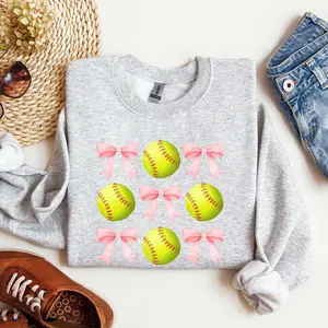 Softball, Pink Bows, Sports, Coquette Sweatshirt, Women's Crew Neck, Crewneck