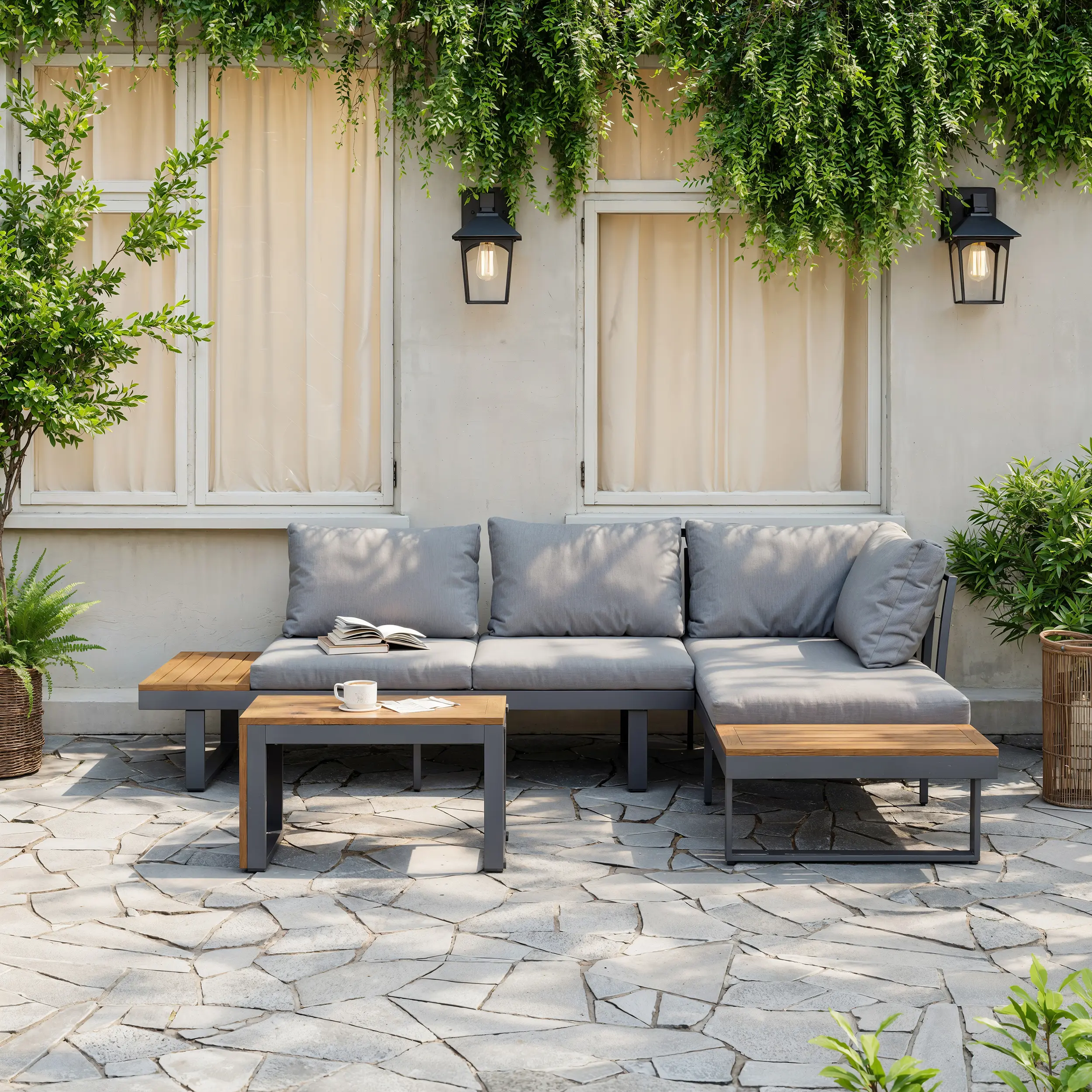 Homary 4-Seater Outdoor Acacia Sectional Sofa Set - Patio Furniture Sets, Outdoor Furniture with Cushion and Side Table, Outdoor Furniture Sets