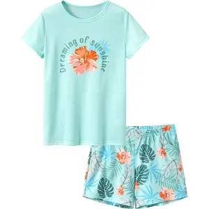 L-NG005 Tween Girls Pajamas Trendy Tie Dye Spiral 2-Piece Shirt & Shorts PJ Set Jammies Size 6-18