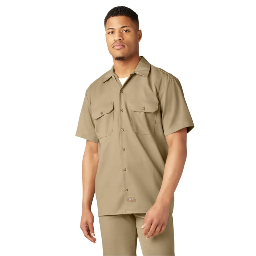Dickies Men's Original Classic Khaki Plain Shortsleeve Twill Work Shirt - Moisture-Wicking Functional Fabric, Simple Design, Buttons, Pockets, Tailored Hem, Pencil Slot, Flap Chest Pockets