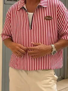 Men's Striped Casual Fitted Polo Shirt, Young Fashion Zipper Front, Short Sleeve Collared Tee, Street Style, Festival Wear, Gift Idea, Menswear