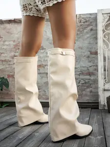 Women's Foldover Mid-Calf Boots, Pointed Toe, Thick Sole High Heel, Wrinkled Design, Fashionable Versatile Party Streetwear