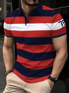 Men's Geometric Colorblock Striped Polo Shirt Short Sleeve Casual Summer Top, Fitted Knit Fabric, Daily Wear & Commuting Fashion, Menswear