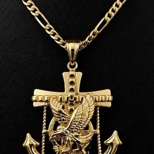 14K Gold Plated Fashion Hip Hop Sailor Anchor Eagle 1.77" Pendant Size - Luxury Pendant with Figaro Link Chain 20’8 mm  - Unisex Jewelry Brass Material Drop Necklace