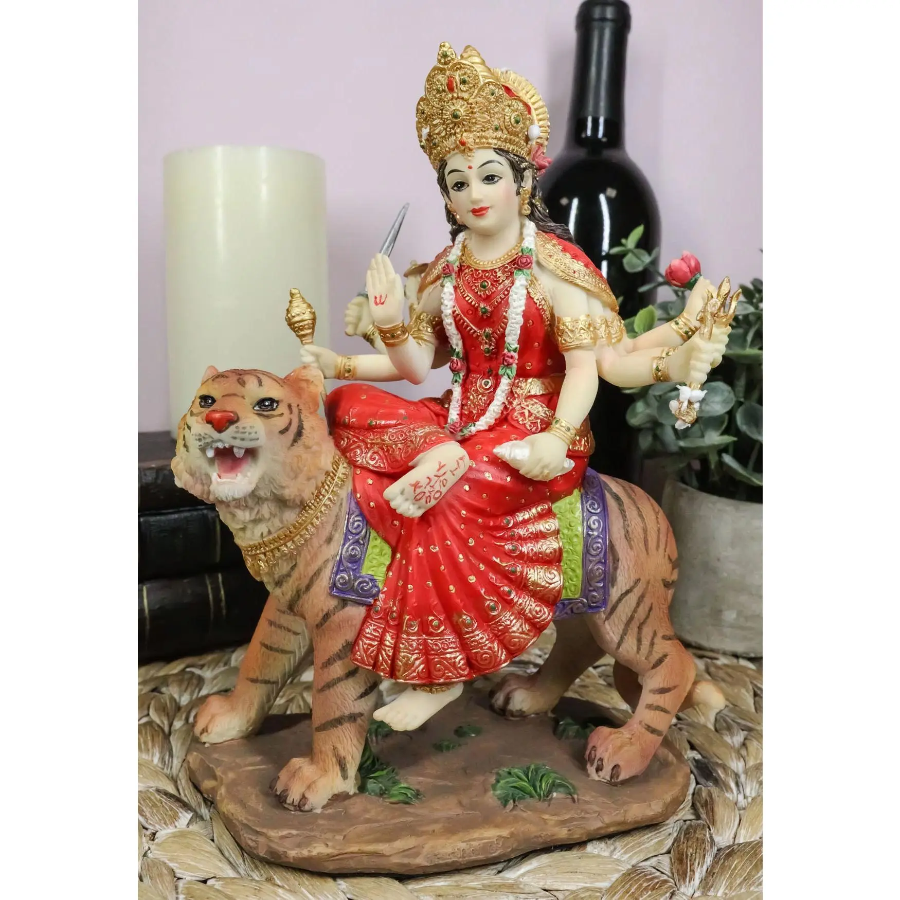 Hindu Goddess Durga Wearing Red Sari Riding On Tiger Figurine 8.5" Tall Statue