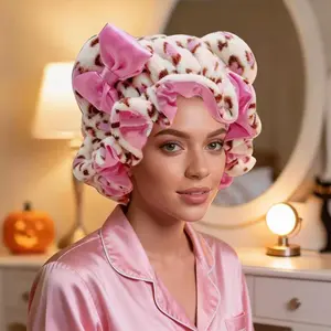 Women's Adjustable Leopard Print Satin-Lined Shower Cap - 3D Teddy Bear Shape Bonnet with Pink Bow for Night Hair Care