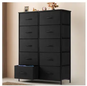 Dresser for Bedroom with 10 Drawers, Tall Chest Organizer with Fabric Bins, Freestanding Storage Cabinet, Black