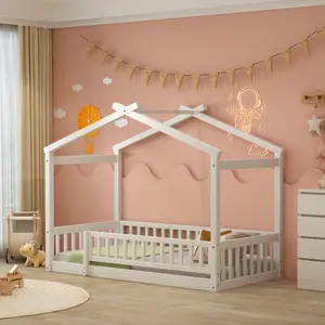 Twin House Bed with Rails,Twin Floor Bed, Twin Size Bed Frame with Support Slats, Wooden Twin Playhouse Beds for Bedroom