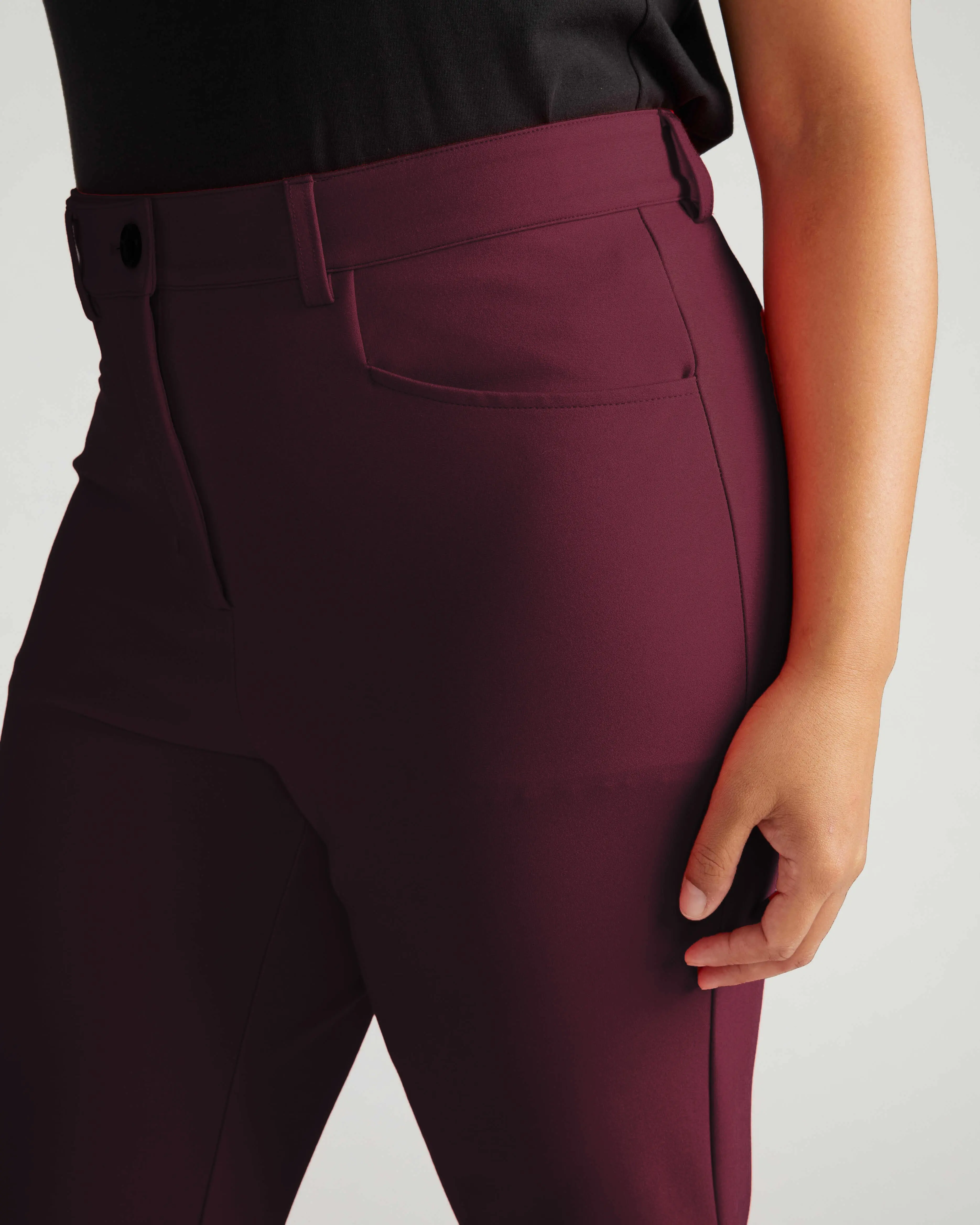 Women's Clothes: Classic Cigarette Ponte Pants with True Ankle Cut and Flattering Legs, Black Cherry Bottoms, Pair With Sweaters, Basic, Leg Room, Work Pants, Corporate Pants
