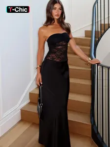 Women's Summer Valentine's Day Romantic Formal Party Elegant Strapless Lace Patchwork Sheer Long Dress, Perfect for Evening Dates and Festivals Womenswear Elegance