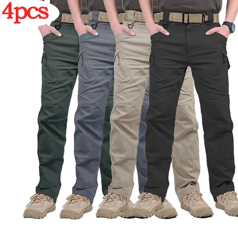HOMUG Men’s 4-Pack Lightweight Casual Work Pants & Tactical Hiking Pants, featuring durable multifunctional pockets and a straight-leg design, ideal for spring and autumn wear. Belt not included.