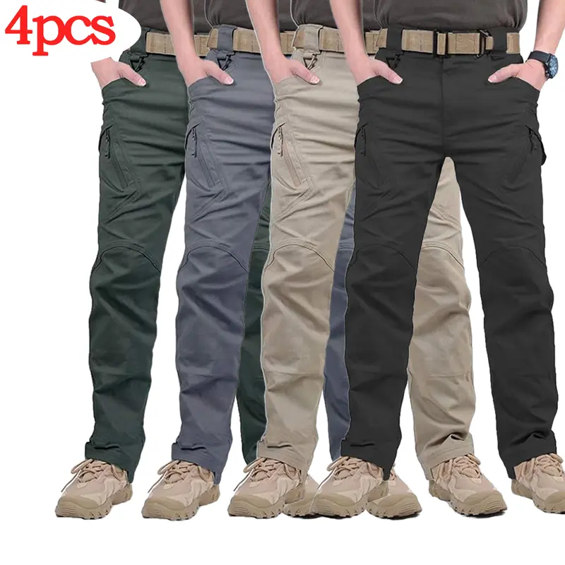 HOMUG Men’s 4-Pack Lightweight Casual Work Pants & Tactical Hiking Pants, featuring durable multifunctional pockets and a straight-leg design, ideal for spring and autumn wear. Belt not included.
