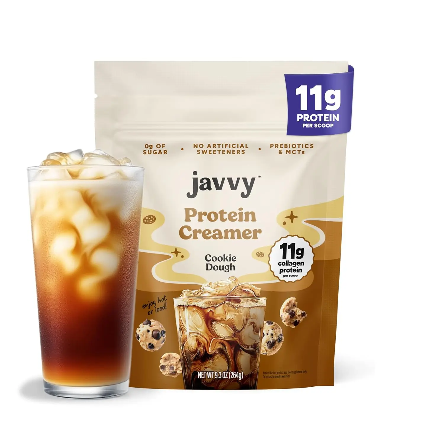 Javvy Protein Coffee Creamer Cookie Dough, Non-Dairy, 11g Collagen Protein, 0g Sugar, Prebiotics & MCTs, 12 Servings