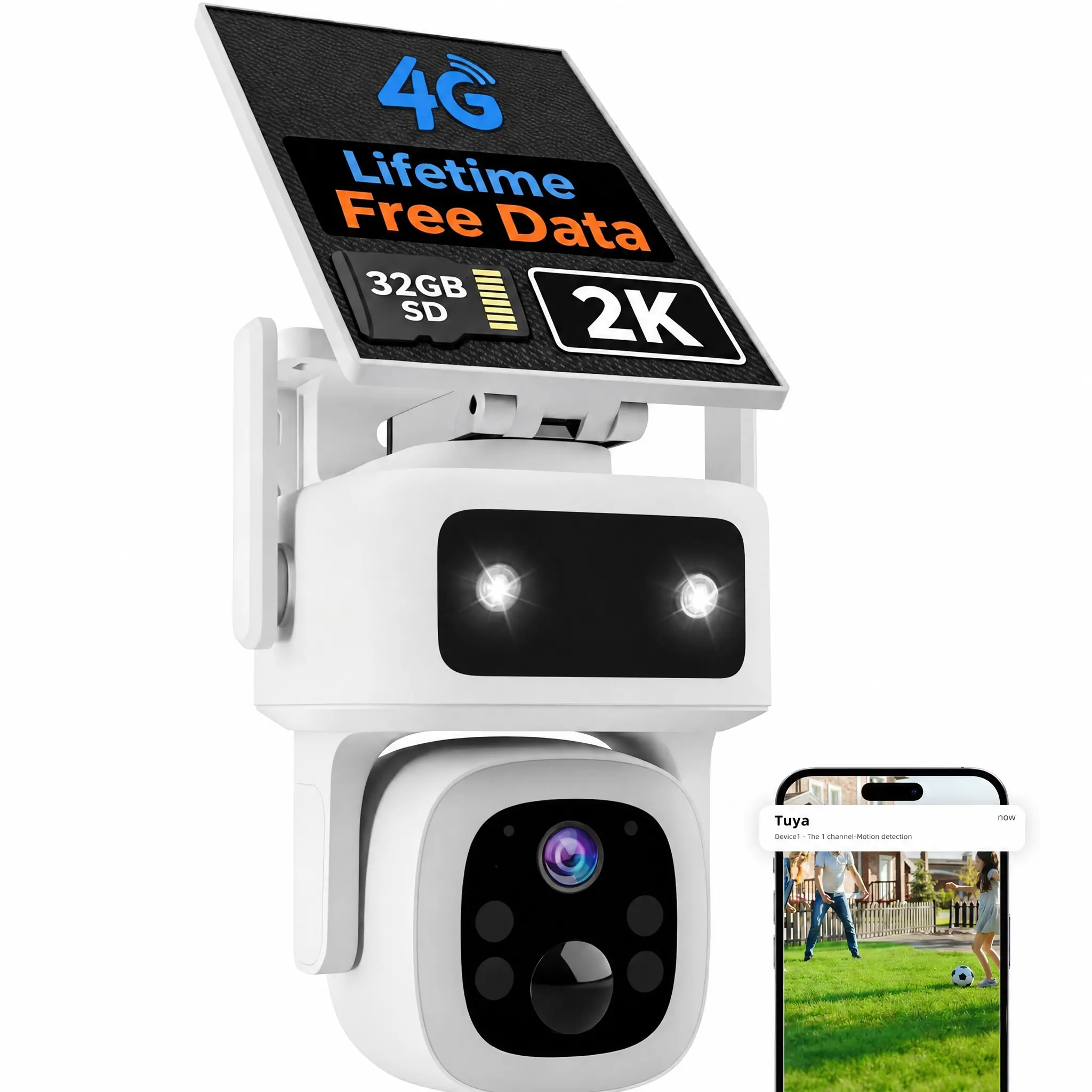 4G LTE Solar Cellular Security Camera Outdoor, No WiFi Needed, Lifetime Free Basic Data for This Camera, 3MP/2K QHD Night Vision, 360° PTZ, PIR & AI Human Detection, Smart Spotlight Alarm, 2-Way Audio, 32GB SD Card, IP66 Waterproof