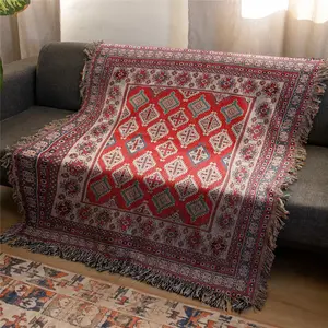 Red Geometry Pattern Bohemian Yarn Jacquard Woven with Tassel, Thick Soft Washable Cozy Throw Blanket, Used for Home Decor Sofa Chair Bed Tapestry Tablecloth Floor Garden Picnic Outdoor Camping