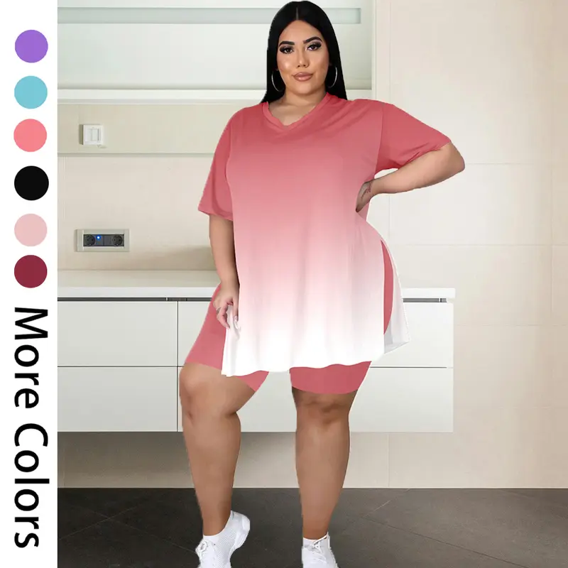 Women's Plus Size Hem Two Piece Outfits Summer Oversized Tshirts Short Loungewear Sweatpants Sweatsuits Sets
