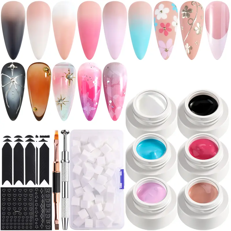 Fcozpjk Ombre Gel Nail Polish Kit 6PCS Colorful Painting Nail Gel Black White Pink Paint Gel for Nails Gradient Design Soak Off UV Pastel Nail Polish Set with Ombre Sponge Nail Brush French Tip Guide