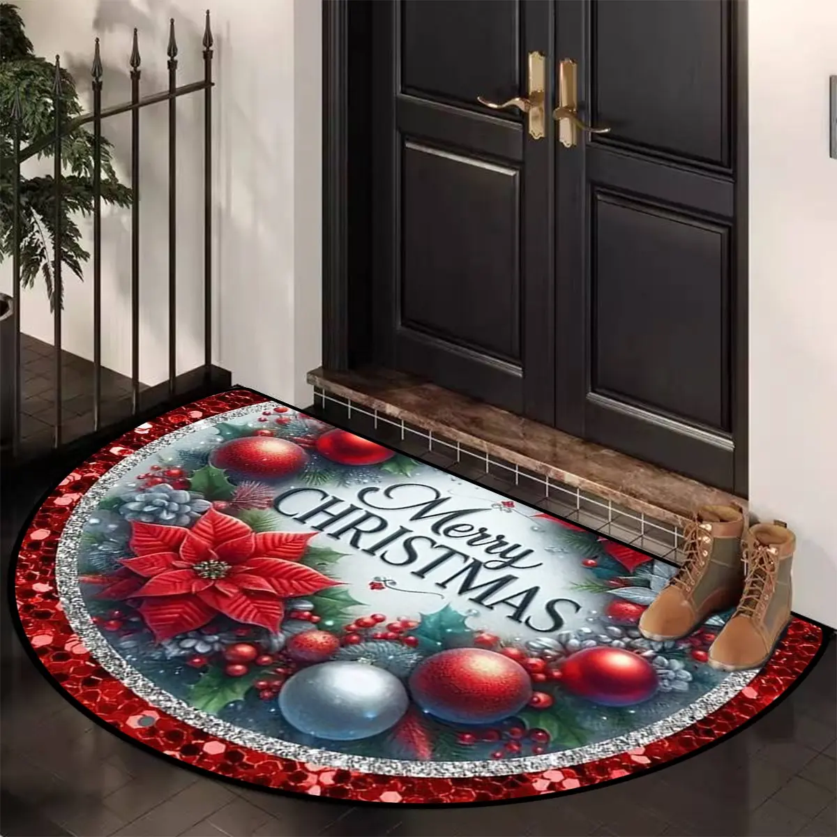 Christmas Theme Large Door Mat, Festive Plant and Egg Pattern, Indoor Outdoor Decor, Home Decorative Rug, Christmas Gift, Valentine's Day Decoration