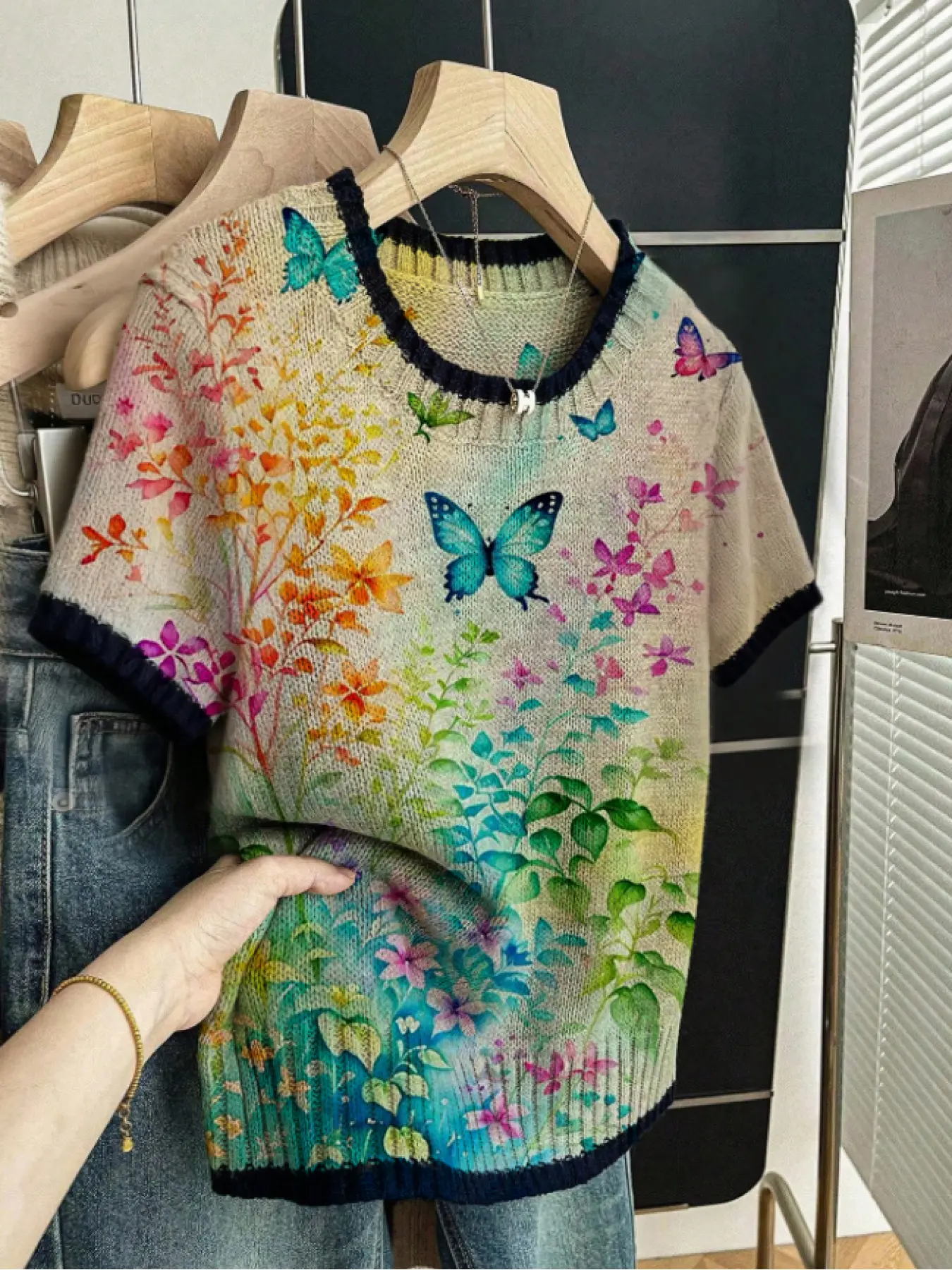 Butterfly Floral Print Round Neck Fitted Sweater, Casual Short Sleeve Knitwear for Spring Summer Fall, Comfortable Warm Women's Clothing