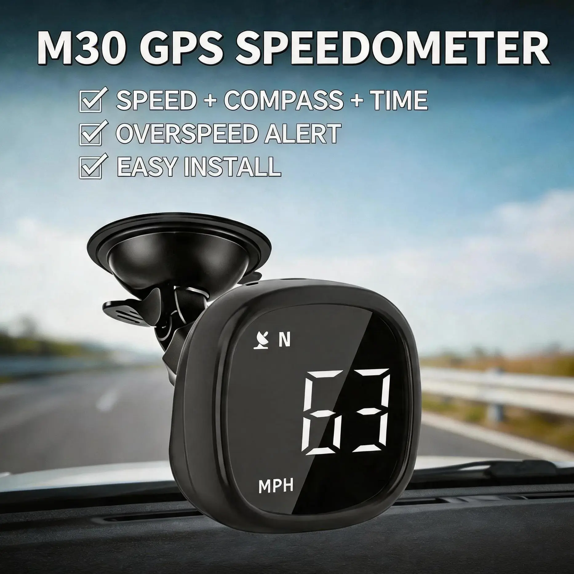 AOMOSUR M30 Model GPS Speedometer - Digital Car Speed Display with Compass, USB Connection, Time, Overspeed Alert, Fatigue Reminder, MPH/KMH Switch for Cars, SUVs, RVs, Cars/Suv/Rvs